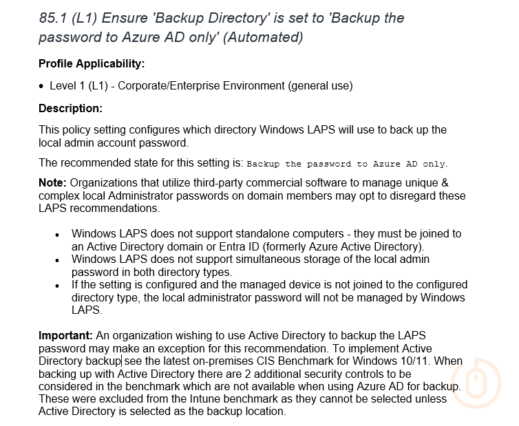 CIS Section 85 Settings