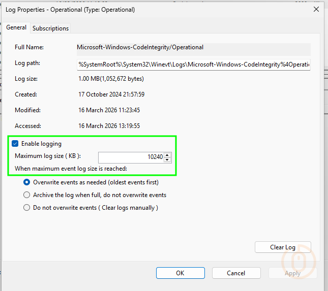 Event log Microsoft-Windows-CodeIntegrity/Operational