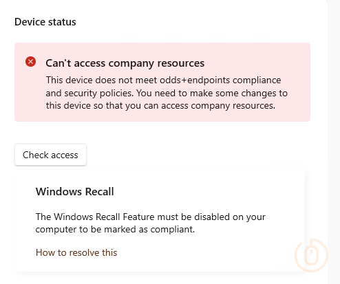 Company Portal showing non-compliance