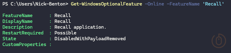 Results of Get-WindowsOptionalFeature